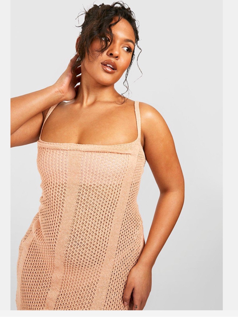 NWT Boohoo Plus Camel Crochet Knitted Maxi Beach side split Dress US 16 - Picture 3 of 10